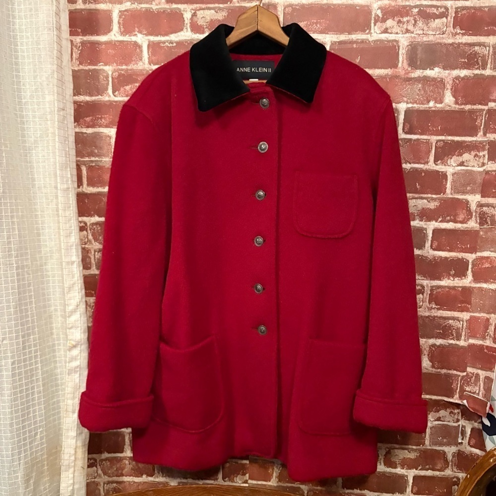 Anne Klein Red Pea Coat with Black Collar